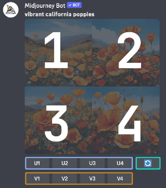 4 versions of images in Midjourney with U and V button labels